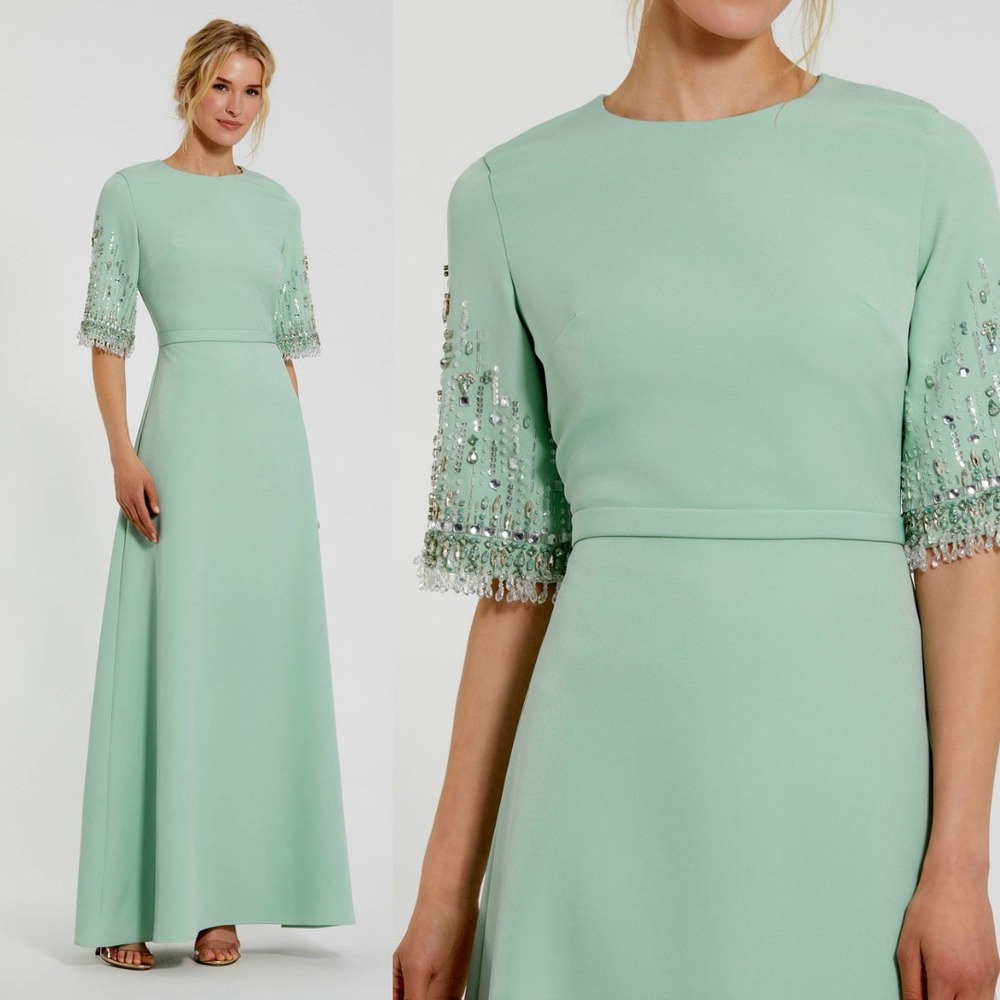 Mac Duggal‎ NEW Green Crepe A Line Gown With Beaded 3/4 Sleeves $698 - Size 14